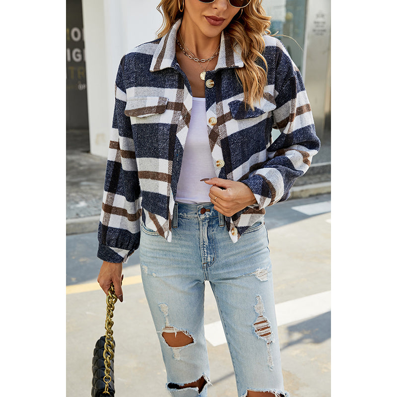 Navy Blue Checked Spread Collar Long Sleeves Tailored Jacket