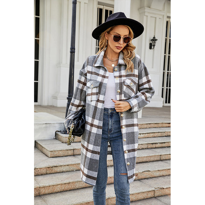 Grey Checked Spread Collar Single Breasted Overcoat