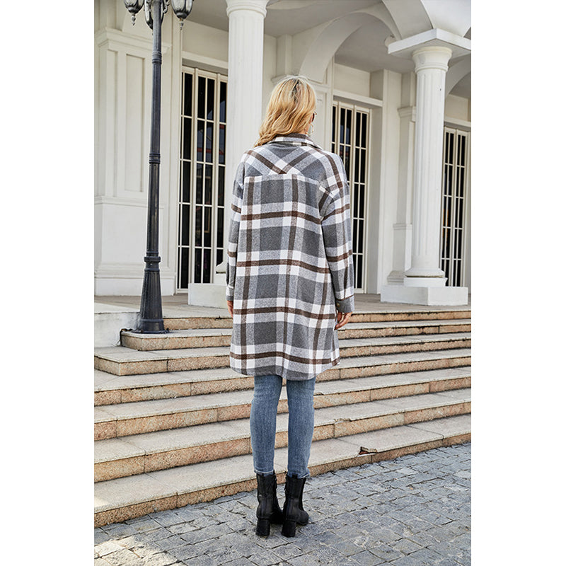 Grey Checked Spread Collar Single Breasted Overcoat