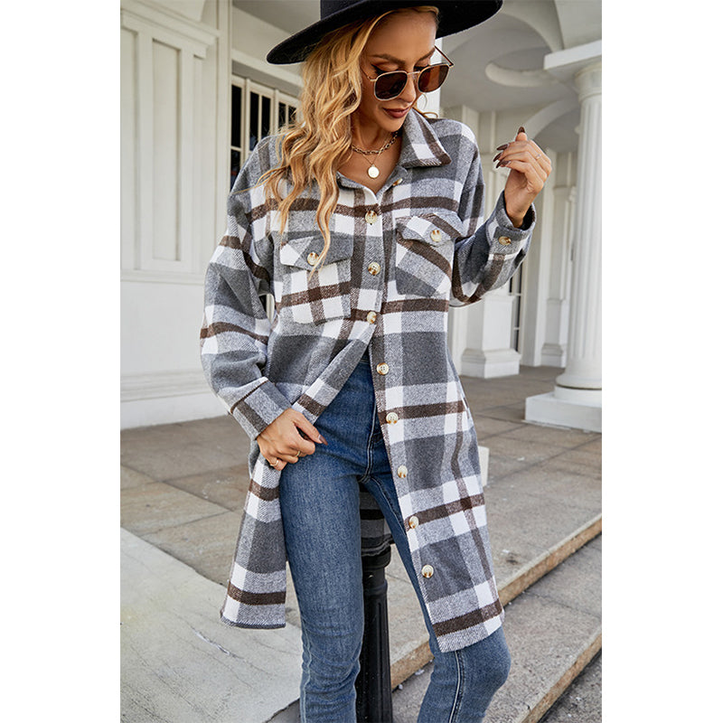 Grey Checked Spread Collar Single Breasted Overcoat