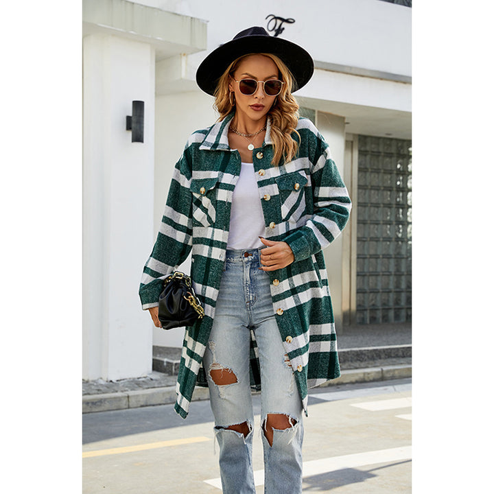 Green Checked Spread Collar Single-Breasted Overcoat