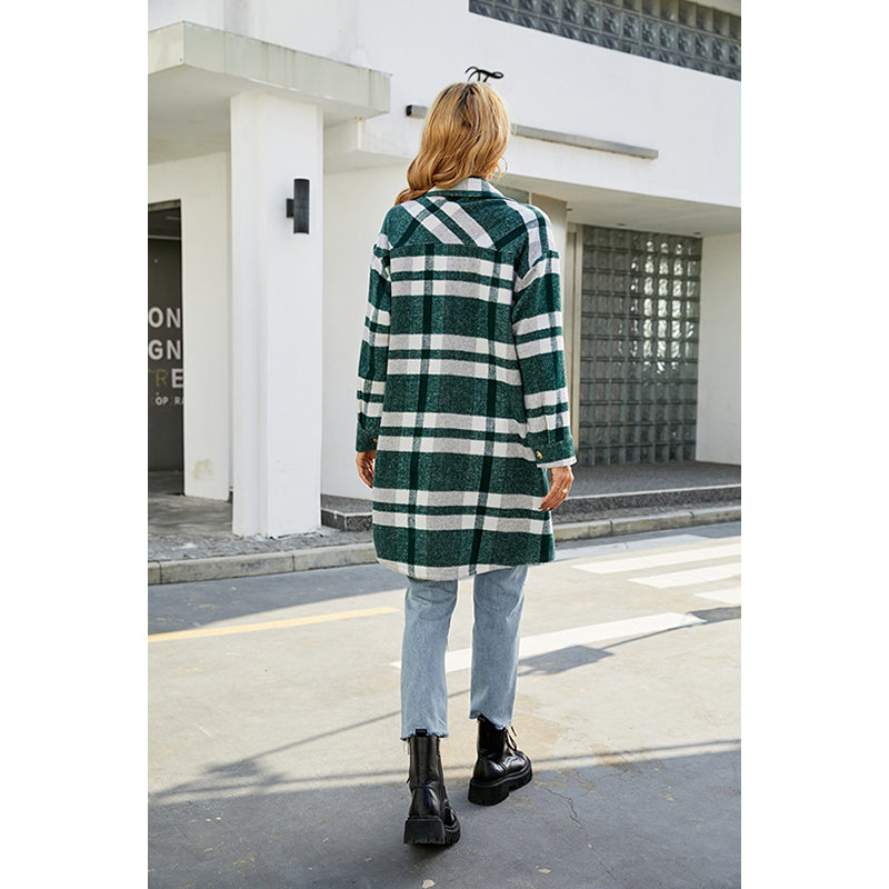 Green Checked Spread Collar Single-Breasted Overcoat