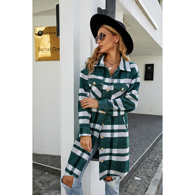 Green Checked Spread Collar Single-Breasted Overcoat