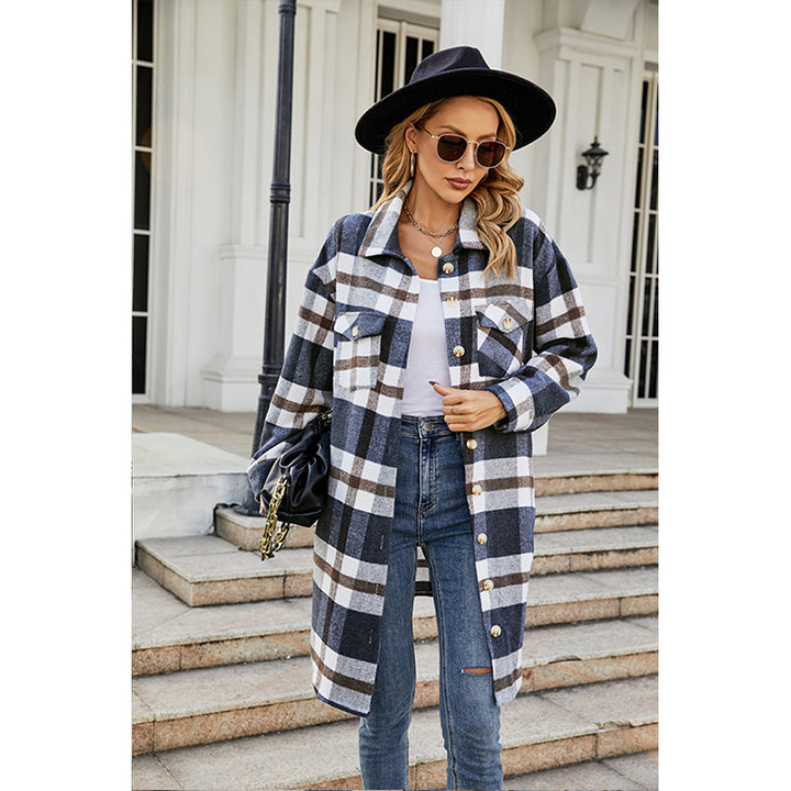 Navy Blue Checked Single Breasted  Overcoat