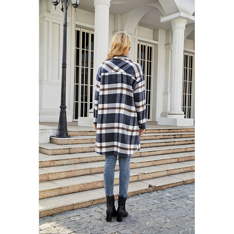 Navy Blue Checked Single Breasted  Overcoat