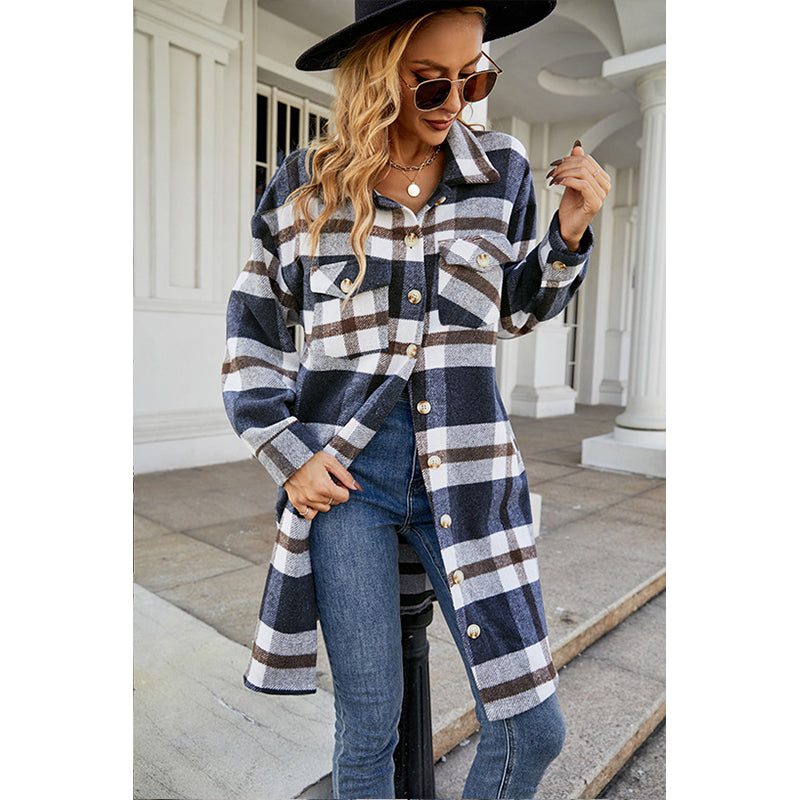 Navy Blue Checked Single Breasted  Overcoat