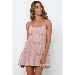 Pink Abstract Printed Shoulder Strap Empire Tiered Mini Dress