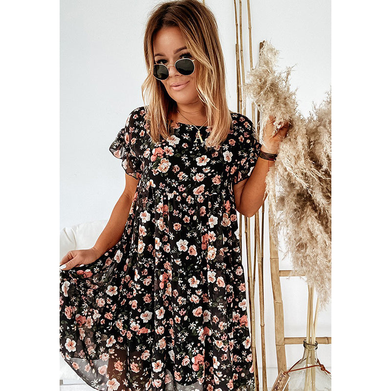 Round Neck Floral Print Flared Sleeve Layered Mini Dress