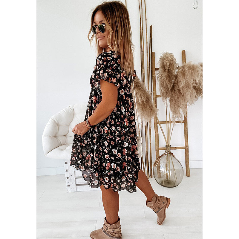 Round Neck Floral Print Flared Sleeve Layered Mini Dress