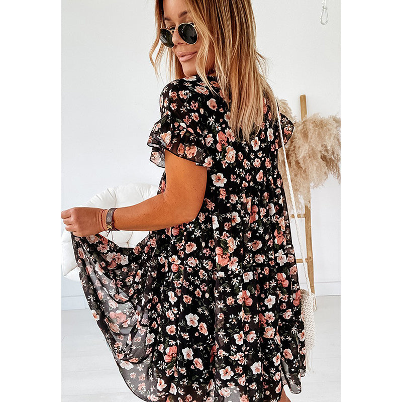 Round Neck Floral Print Flared Sleeve Layered Mini Dress