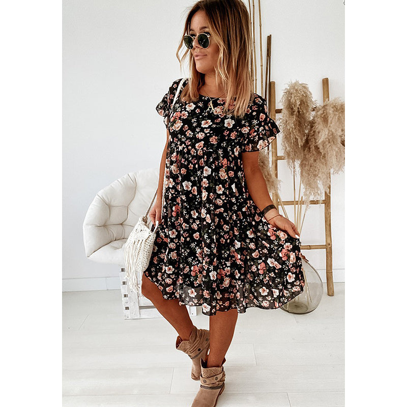 Round Neck Floral Print Flared Sleeve Layered Mini Dress