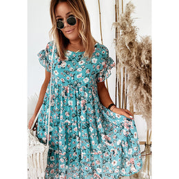 Floral Print Flared Sleeve Layered Mini Dress