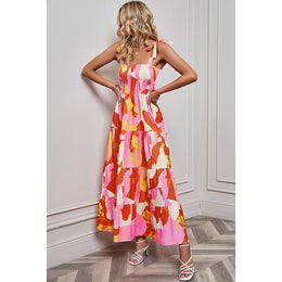 Orange & White Abstract Printed Smocked Fit & Flare Maxi Dress