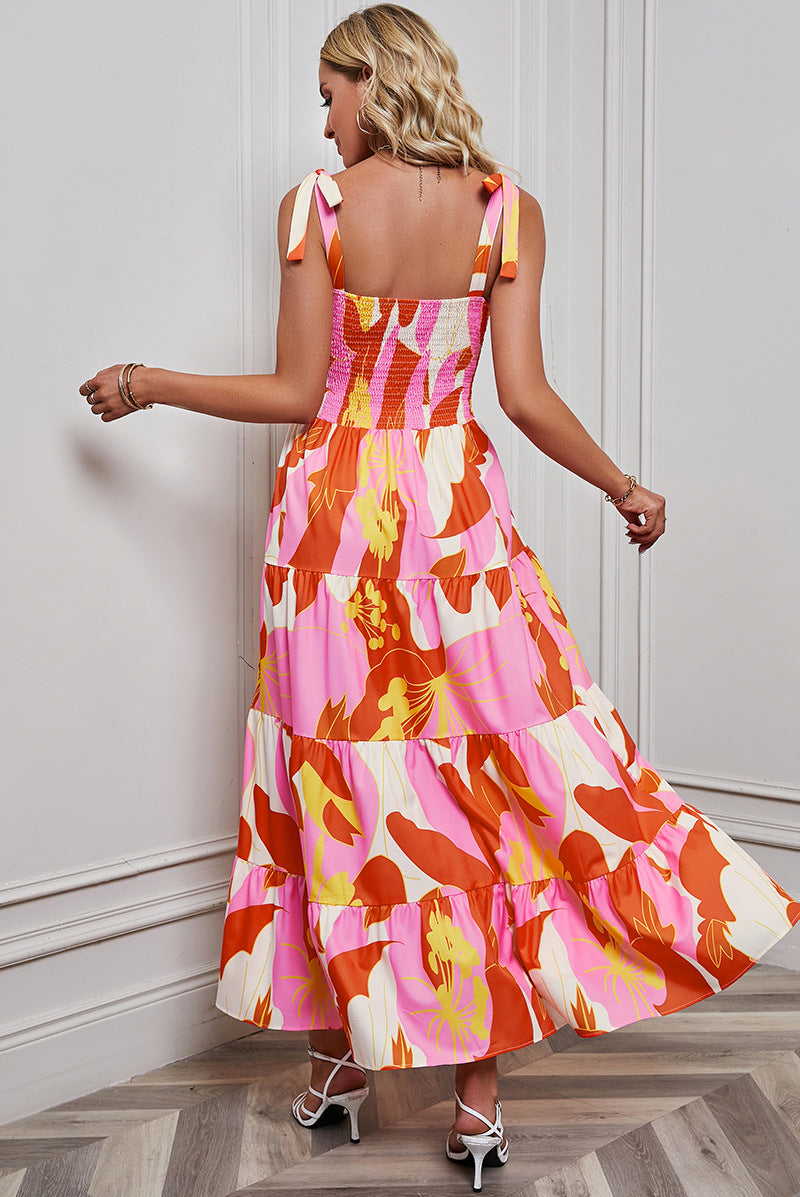 Orange & White Abstract Printed Smocked Fit & Flare Maxi Dress