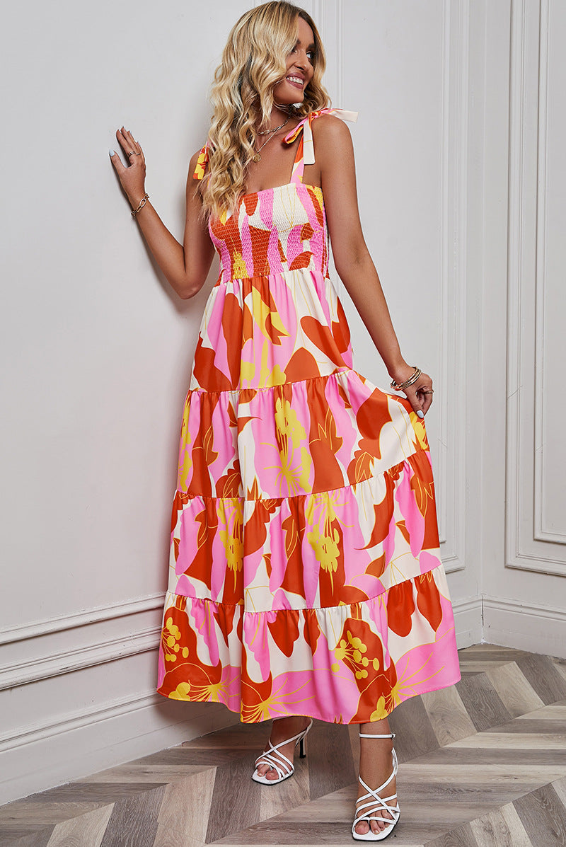 Orange & White Abstract Printed Smocked Fit & Flare Maxi Dress
