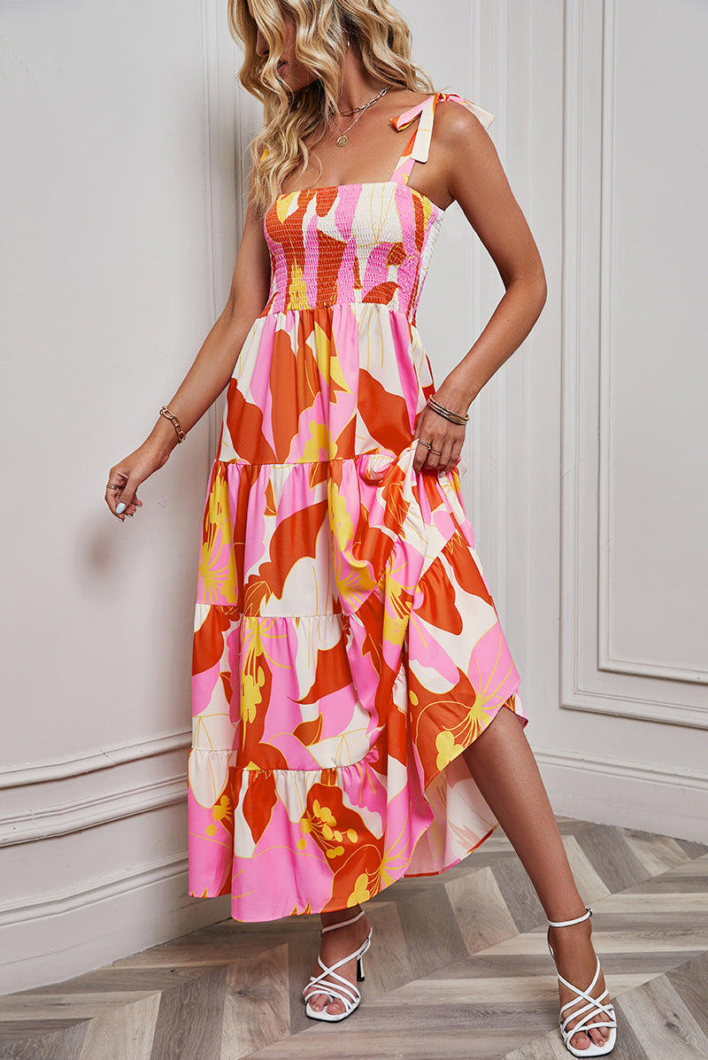 Orange & White Abstract Printed Smocked Fit & Flare Maxi Dress