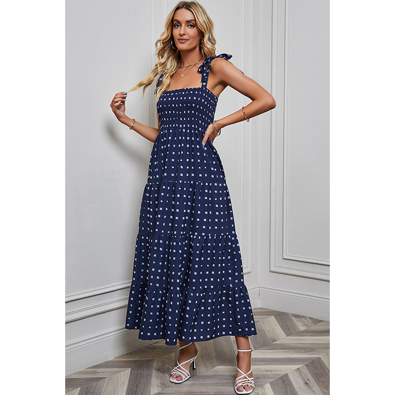 Blue Geometric Smocked Shoulder Strap Tiered Fit & Flare Maxi Dress