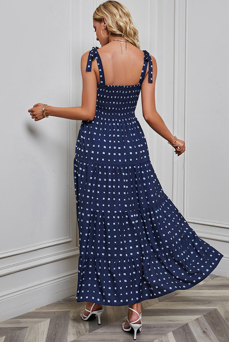 Blue Geometric Smocked Shoulder Strap Tiered Fit & Flare Maxi Dress
