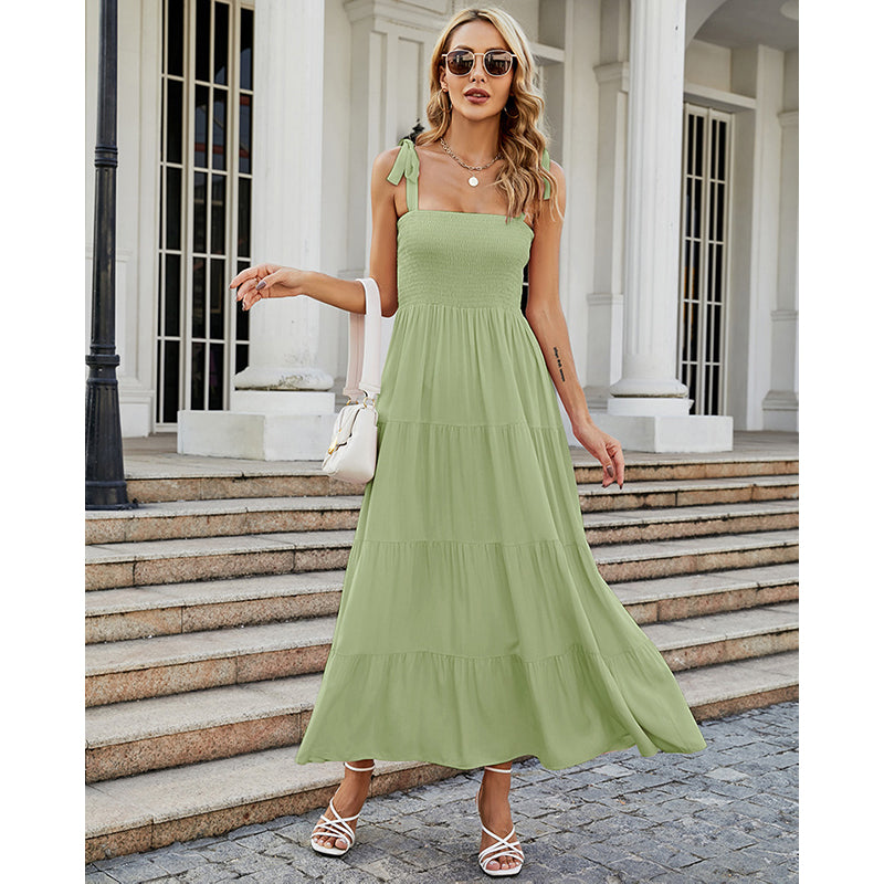 Shoulder Straps Smocked Tiered Fit & Flare Maxi Dress