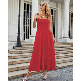 Red Shoulder Straps Smocked Maxi Dress