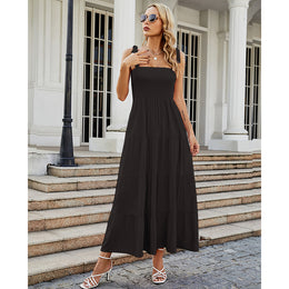 Black Shoulder Strap Smocked Fit & Flare Maxi Dress