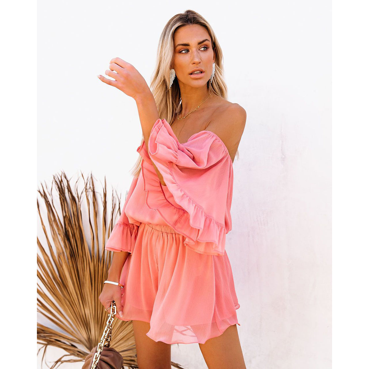 Pink Off-Shoulder Ruffled Playsuit