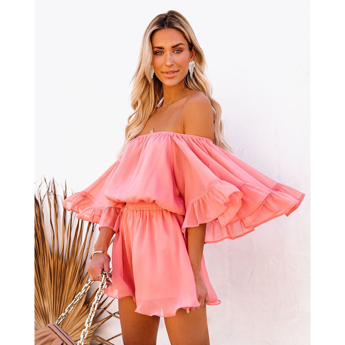 Pink Off-Shoulder Ruffled Playsuit