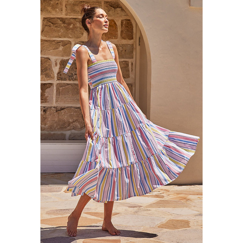 Shoulder Straps Striped Smocked Tiered A-Line Midi Dress
