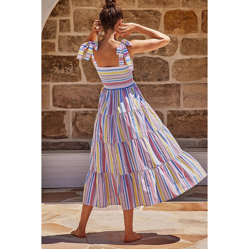Shoulder Straps Striped Smocked Tiered A-Line Midi Dress