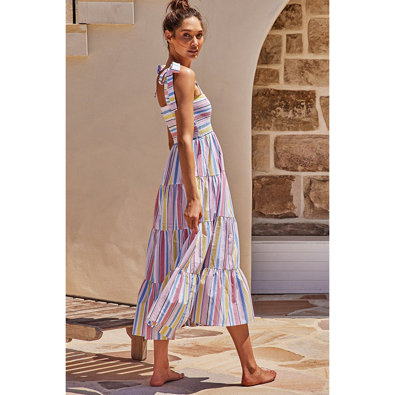 Shoulder Straps Striped Smocked Tiered A-Line Midi Dress