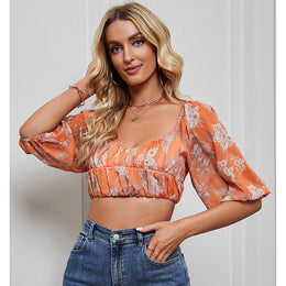 Floral Printed Puff Sleeve Blouson Crop Top