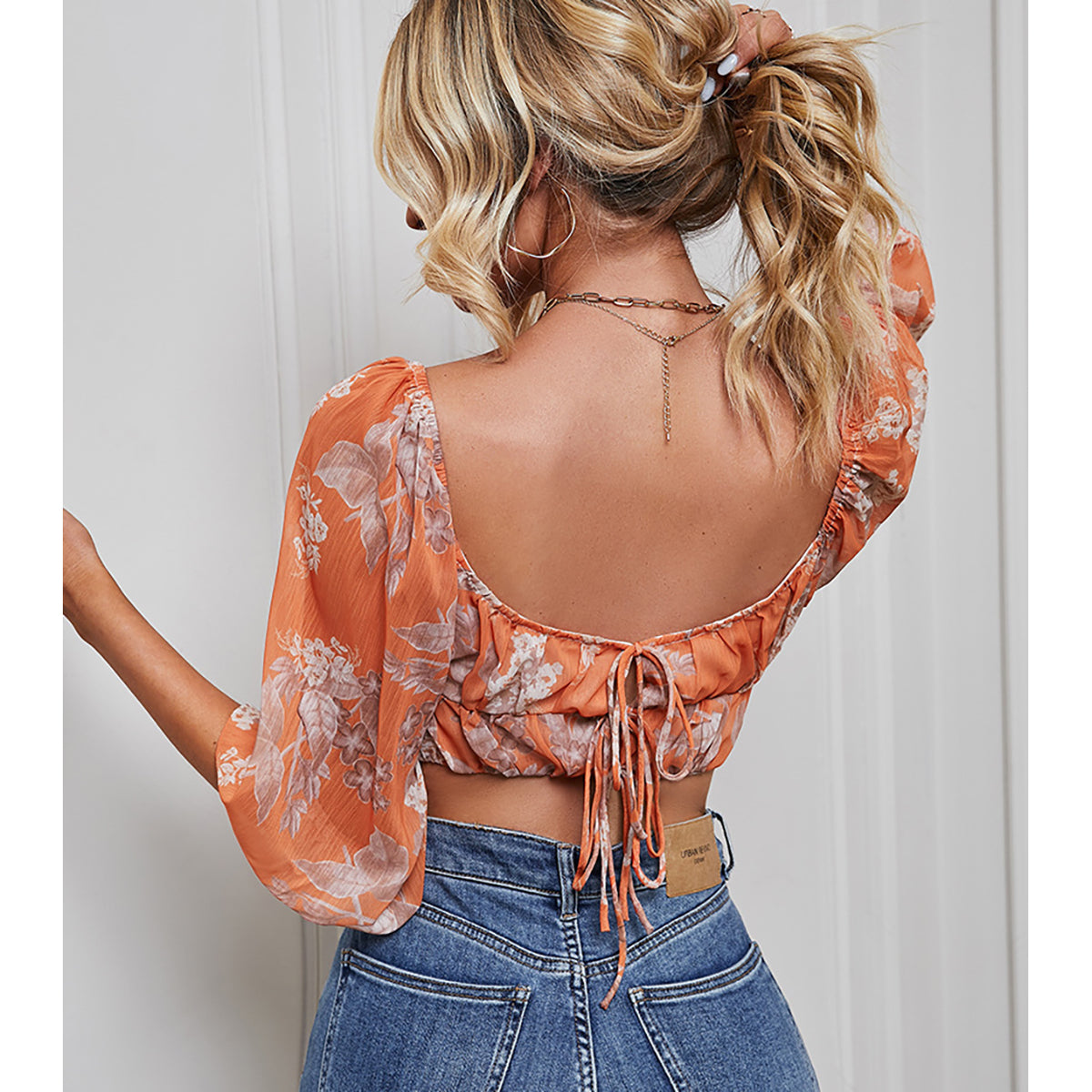 Floral Printed Puff Sleeve Blouson Crop Top