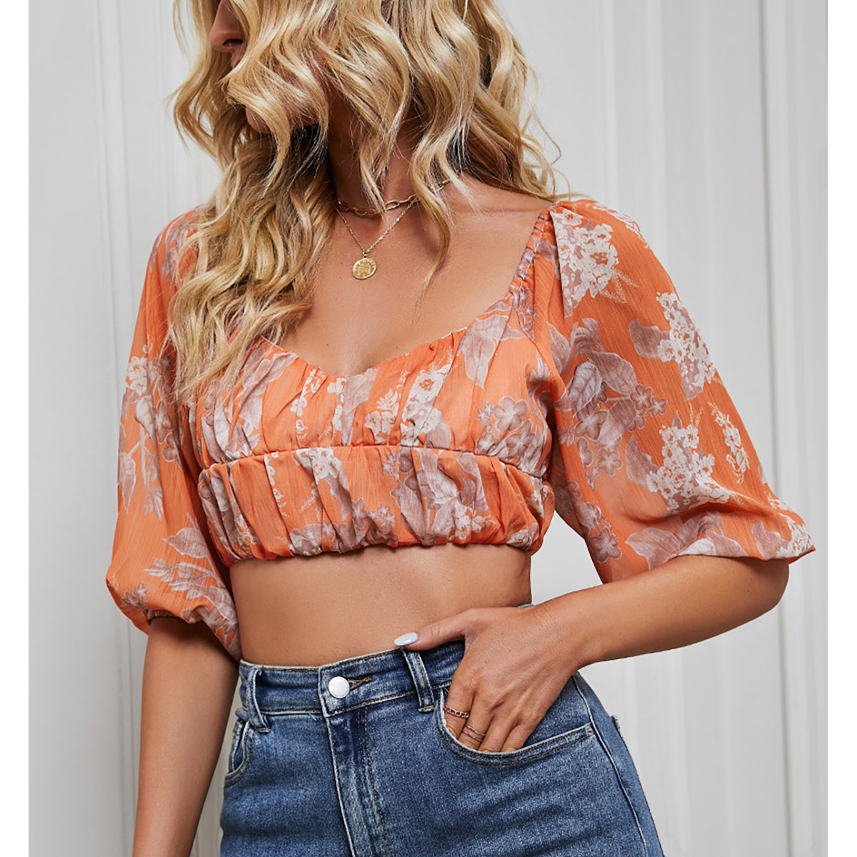 Floral Printed Puff Sleeve Blouson Crop Top