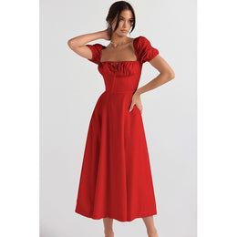 Red Square Neck Puff Sleeve Fit & Flare Midi Dress