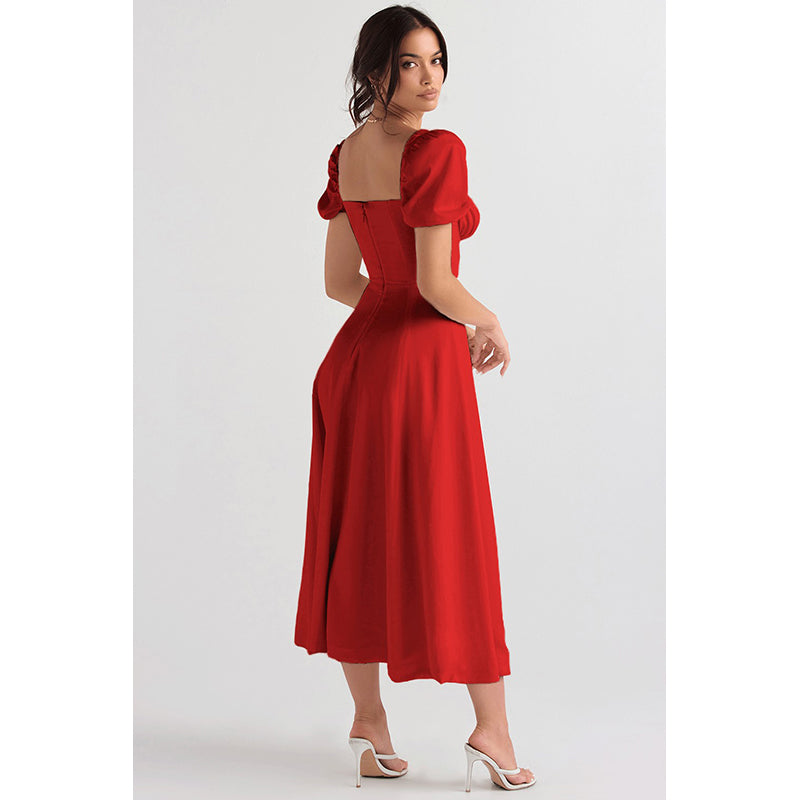 Red Square Neck Puff Sleeve Fit & Flare Midi Dress
