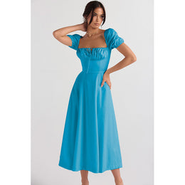 Blue Puff Sleeve A-Line Maxi Dress