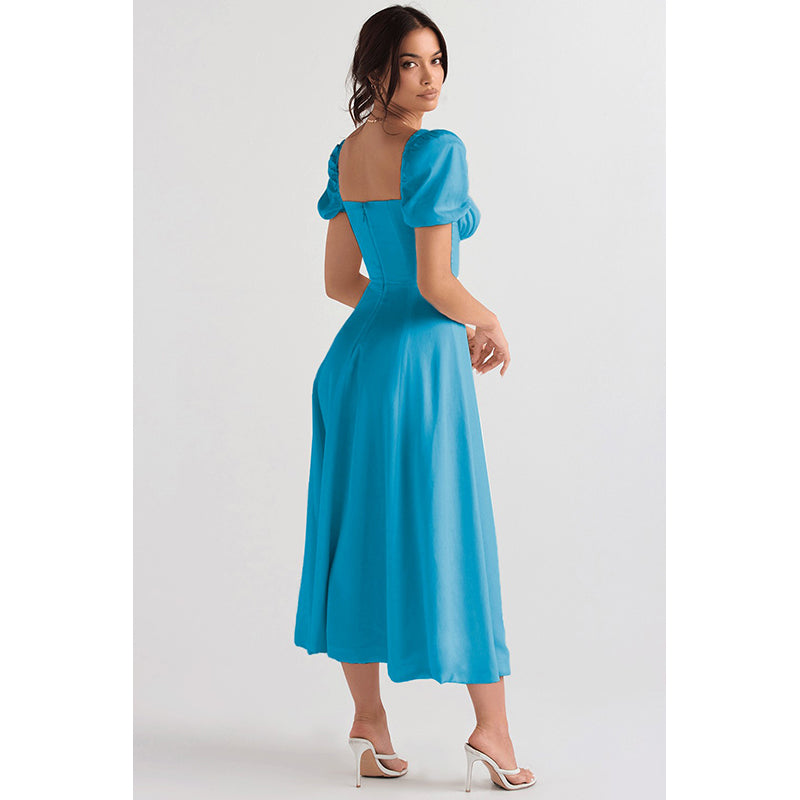 Blue Puff Sleeve A-Line Maxi Dress