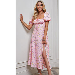 Pink Floral Printed Puff Sleeves Empire Dress