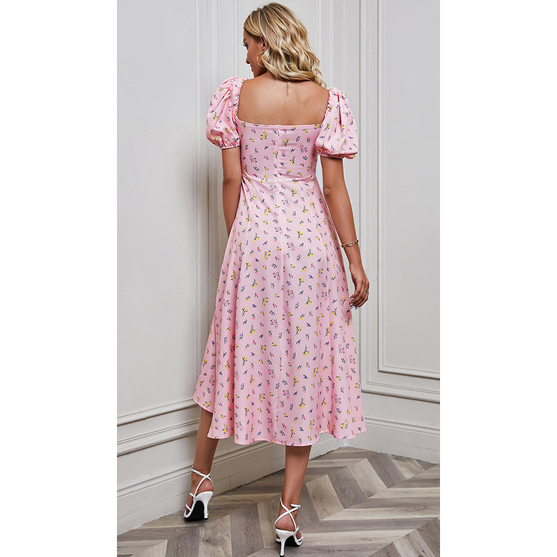Pink Floral Printed Puff Sleeves Empire Dress