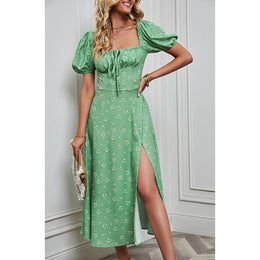 Floral Printed Puff Sleeve Tie-Ups A-Line Dress