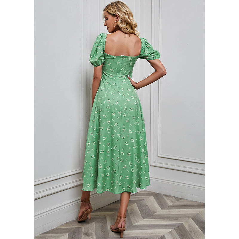 Floral Printed Puff Sleeve Tie-Ups A-Line Dress