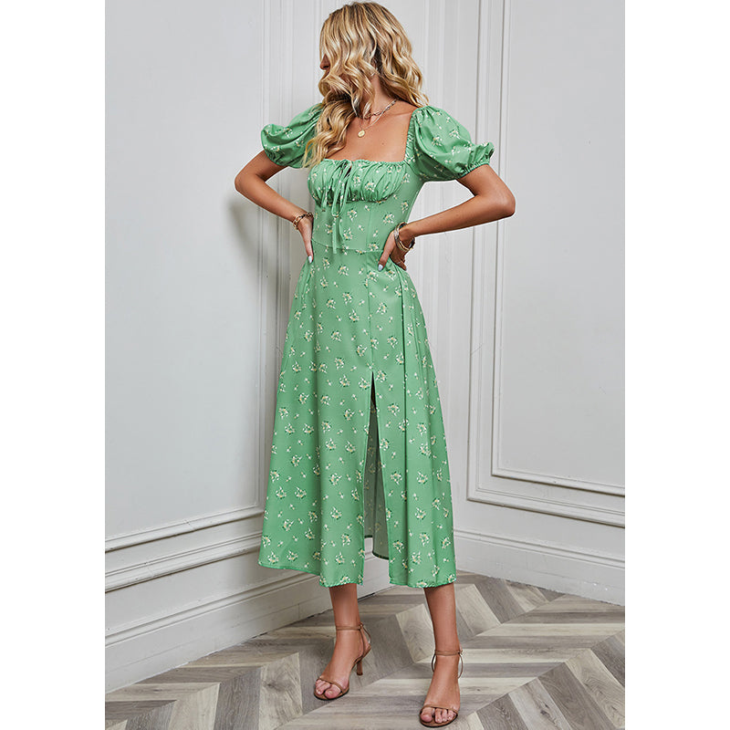 Floral Printed Puff Sleeve Tie-Ups A-Line Dress