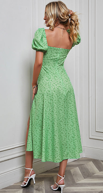 Green Floral Print Puff Sleeve A-Line Maxi Dress