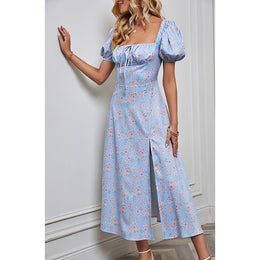 Floral Printed Puff Sleeves A-Line Dress