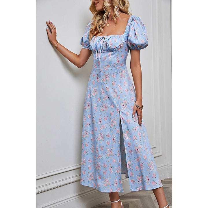 Floral Printed Puff Sleeves A-Line Dress