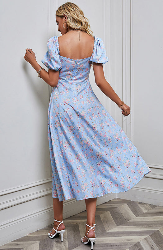 Floral Printed Puff Sleeves A-Line Dress