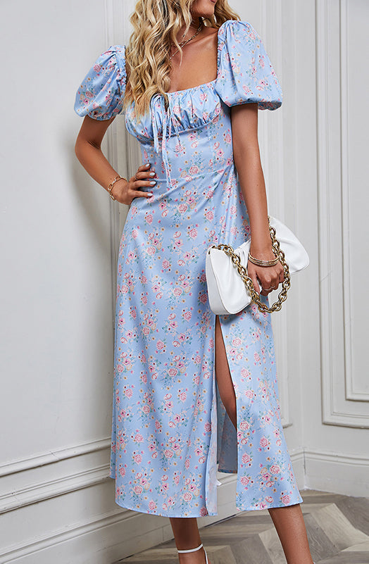 Floral Printed Puff Sleeves A-Line Dress