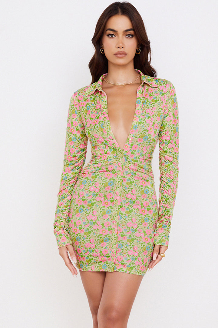 Green Floral Printed Shirt Collar Gathered  Bodycon Mini Dress
