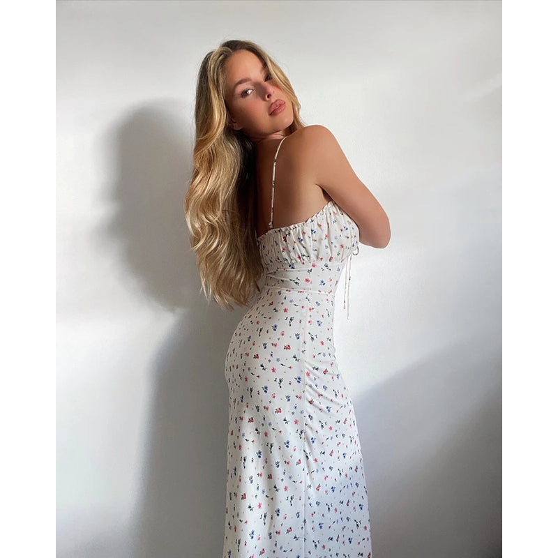 White Floral Printed Bodycon Midi Dress