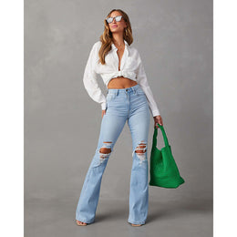 Women Blue Bootcut Ripped Knee Light Fade Jeans